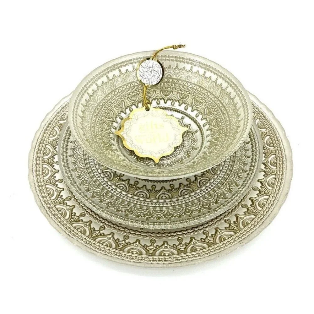 TURKISH GLASS White Entrée Plates Hand Painted Gold Lace Set of 4 NWT Glass